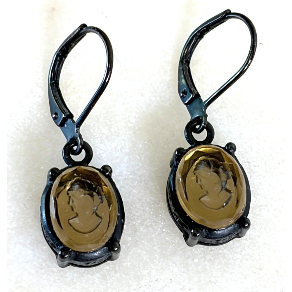 Extasia Signed Amber Bavarian Glass Intaglio Cameo Black Leverback Drop Earrings
